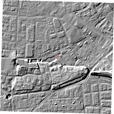 Shaded relief map of the ground around SE15ZQ, computed from Environment Agency LiDAR. The ground here sits at about 1 m above sea level and falls 11 m across the surrounding 800 m. Surface water reaching this point runs off ground lying to the south-east, 6.5 m higher.