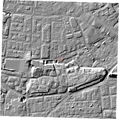 Shaded relief map of the ground around SE15ZS, computed from Environment Agency LiDAR. The ground here sits at about 1 m above sea level and falls 11 m across the surrounding 800 m. Surface water reaching this point runs off ground lying to the east-south-east, 6.5 m higher.