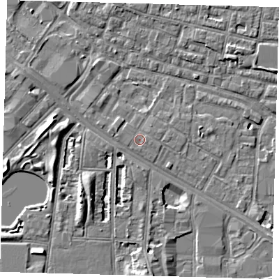 Shaded relief map of the ground around SE15ZT, computed from Environment Agency LiDAR. The ground here sits at about 3 m above sea level and falls 7 m across the surrounding 800 m. Surface water reaching this point runs off ground lying to the east, 0.6 m higher.