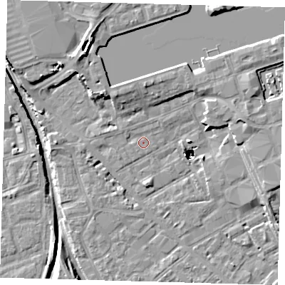Shaded relief map of the ground around SE161AA, computed from Environment Agency LiDAR. The ground here sits at about 2 m above sea level and falls 48 m across the surrounding 800 m. Surface water reaching this point runs off ground lying to the west-north-west, 1.3 m higher.
