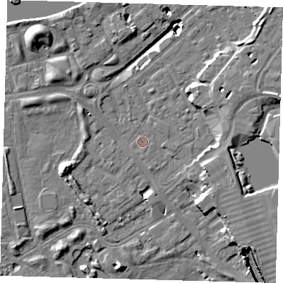 Shaded relief map of the ground around SE161AT, computed from Environment Agency LiDAR. The ground here sits at about 2 m above sea level and falls 19 m across the surrounding 800 m. Surface water reaching this point runs off ground lying to the east-south-east, 4.6 m higher.