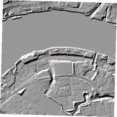 Shaded relief map of the ground around SE161EF, computed from Environment Agency LiDAR. The ground here sits at about 3 m above sea level and falls 11 m across the surrounding 800 m. Surface water reaching this point runs off ground lying to the east-south-east, 6.2 m higher.