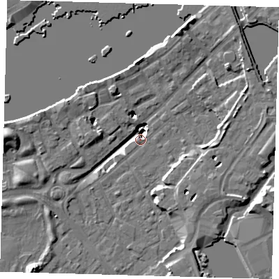 Shaded relief map of the ground around SE161JA, computed from Environment Agency LiDAR. The ground here sits at about 2 m above sea level and falls 20 m across the surrounding 800 m. Surface water reaching this point runs off ground lying to the east-north-east, 17.7 m higher.