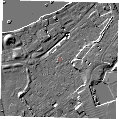 Shaded relief map of the ground around SE161JL, computed from Environment Agency LiDAR. The ground here sits at about 2 m above sea level and falls 19 m across the surrounding 800 m. Surface water reaching this point runs off ground lying to the west-south-west, 1.2 m higher.