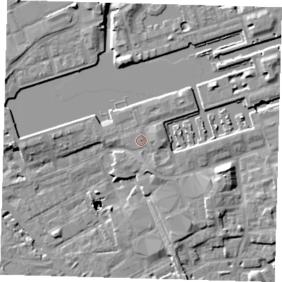 Shaded relief map of the ground around SE161TX, computed from Environment Agency LiDAR. The ground here sits at about 5 m above sea level and falls 47 m across the surrounding 800 m. Surface water reaching this point runs off ground lying to the east-north-east, 1.4 m higher.
