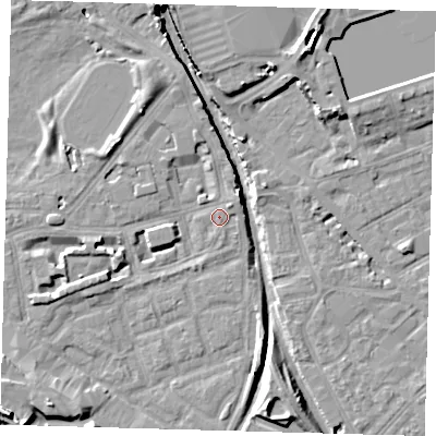 Shaded relief map of the ground around SE162AE, computed from Environment Agency LiDAR. The ground here sits at about 2 m above sea level and falls 13 m across the surrounding 800 m. Surface water reaching this point runs off ground lying to the north-east, 1.7 m higher.
