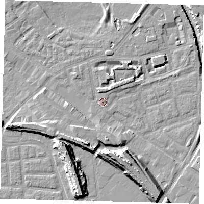 Shaded relief map of the ground around SE162AN, computed from Environment Agency LiDAR. The ground here sits at about 2 m above sea level and falls 15 m across the surrounding 800 m. Surface water reaching this point runs off ground lying to the south-south-west, 4.9 m higher.