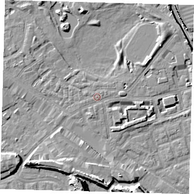 Shaded relief map of the ground around SE162AP, computed from Environment Agency LiDAR. The ground here sits at about 2 m above sea level and falls 15 m across the surrounding 800 m. Surface water reaching this point runs off ground lying to the south-south-west, 1.6 m higher.