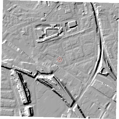 Shaded relief map of the ground around SE162AT, computed from Environment Agency LiDAR. The ground here sits at about 1 m above sea level and falls 15 m across the surrounding 800 m. Surface water reaching this point runs off ground lying to the south-south-west, 11.1 m higher.