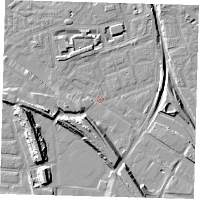 Shaded relief map of the ground around SE162AU, computed from Environment Agency LiDAR. The ground here sits at about 1 m above sea level and falls 15 m across the surrounding 800 m. Surface water reaching this point runs off ground lying to the south-west, 11.1 m higher.