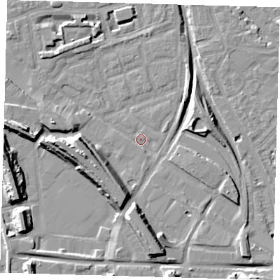 Shaded relief map of the ground around SE162AW, computed from Environment Agency LiDAR. The ground here sits at about 1 m above sea level and falls 14 m across the surrounding 800 m. Surface water reaching this point runs off ground lying to the south, 8.7 m higher.