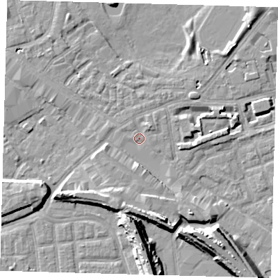 Shaded relief map of the ground around SE162AX, computed from Environment Agency LiDAR. The ground here sits at about 2 m above sea level and falls 13 m across the surrounding 800 m. Surface water reaching this point runs off ground lying to the west-south-west, 0.9 m higher.