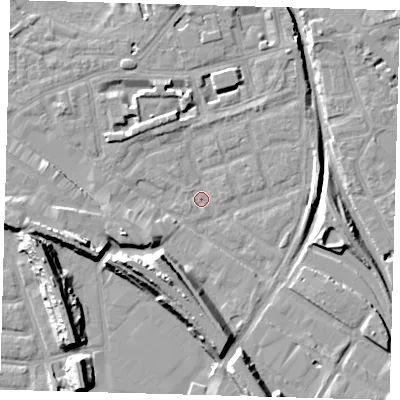 Shaded relief map of the ground around SE162AY, computed from Environment Agency LiDAR. The ground here sits at about 1 m above sea level and falls 15 m across the surrounding 800 m. Surface water reaching this point runs off ground lying to the south-west, 4.5 m higher.