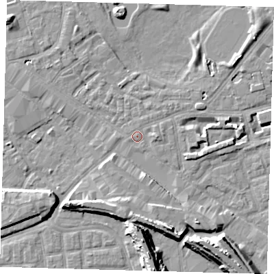 Shaded relief map of the ground around SE162BA, computed from Environment Agency LiDAR. The ground here sits at about 2 m above sea level and falls 13 m across the surrounding 800 m. Surface water reaching this point runs off ground lying to the east, 1.6 m higher.