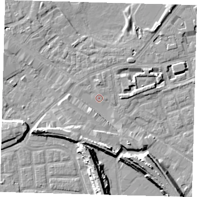 Shaded relief map of the ground around SE162BD, computed from Environment Agency LiDAR. The ground here sits at about 2 m above sea level and falls 13 m across the surrounding 800 m. Surface water reaching this point runs off ground lying to the west, 0.9 m higher.
