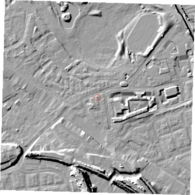 Shaded relief map of the ground around SE162BE, computed from Environment Agency LiDAR. The ground here sits at about 2 m above sea level and falls 15 m across the surrounding 800 m. Surface water reaching this point runs off ground lying to the south-south-west, 1.6 m higher.