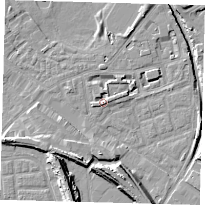 Shaded relief map of the ground around SE162BL, computed from Environment Agency LiDAR. The ground here sits at about 1 m above sea level and falls 15 m across the surrounding 800 m. Surface water reaching this point runs off ground lying to the east-north-east, 3.3 m higher.