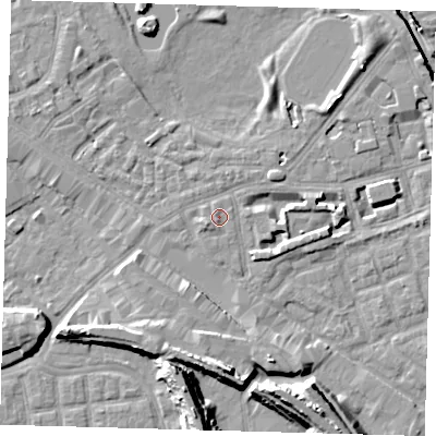 Shaded relief map of the ground around SE162BQ, computed from Environment Agency LiDAR. The ground here sits at about 2 m above sea level and falls 15 m across the surrounding 800 m. Surface water reaching this point runs off ground lying to the west-south-west, 1.5 m higher.