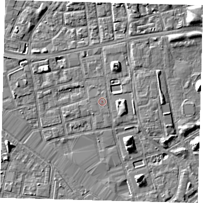 Shaded relief map of the ground around SE162BT, computed from Environment Agency LiDAR. The ground here sits at about 3 m above sea level and falls 7 m across the surrounding 800 m. The ground contributing surface water to this point lies to the east-north-east.