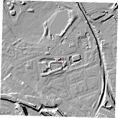 Shaded relief map of the ground around SE162BW, computed from Environment Agency LiDAR. The ground here sits at about 2 m above sea level and falls 15 m across the surrounding 800 m. Surface water reaching this point runs off ground lying to the west-north-west, 2.1 m higher.