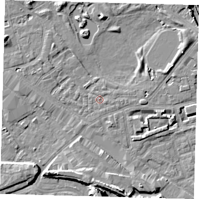 Shaded relief map of the ground around SE162BX, computed from Environment Agency LiDAR. The ground here sits at about 2 m above sea level and falls 15 m across the surrounding 800 m. Surface water reaching this point runs off ground lying to the east, 1.5 m higher.