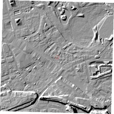 Shaded relief map of the ground around SE162DA, computed from Environment Agency LiDAR. The ground here sits at about 2 m above sea level and falls 13 m across the surrounding 800 m. Surface water reaching this point runs off ground lying to the west-north-west, 1.9 m higher.