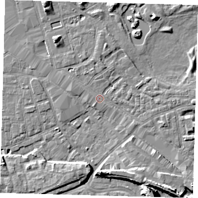 Shaded relief map of the ground around SE162DB, computed from Environment Agency LiDAR. The ground here sits at about 2 m above sea level and falls 14 m across the surrounding 800 m. Surface water reaching this point runs off ground lying to the west-north-west, 1.3 m higher.