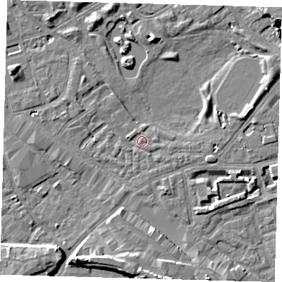 Shaded relief map of the ground around SE162DD, computed from Environment Agency LiDAR. The ground here sits at about 2 m above sea level and falls 9 m across the surrounding 800 m. Surface water reaching this point runs off ground lying to the north-east, 7.0 m higher.