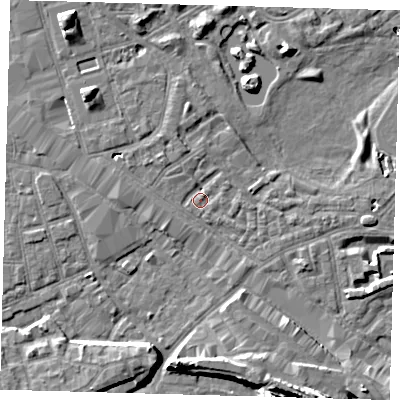 Shaded relief map of the ground around SE162DH, computed from Environment Agency LiDAR. The ground here sits at about 2 m above sea level and falls 13 m across the surrounding 800 m. Surface water reaching this point runs off ground lying to the north-east, 1.7 m higher.