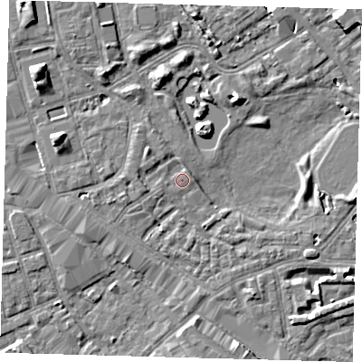 Shaded relief map of the ground around SE162DP, computed from Environment Agency LiDAR. The ground here sits at about 2 m above sea level and falls 8 m across the surrounding 800 m. Surface water reaching this point runs off ground lying to the north-west, 2.0 m higher.