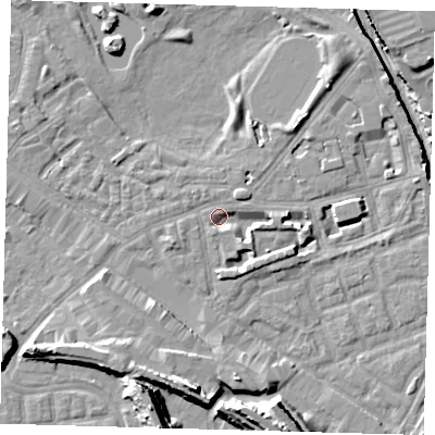 Shaded relief map of the ground around SE162DT, computed from Environment Agency LiDAR. The ground here sits at about 1 m above sea level and falls 15 m across the surrounding 800 m. Surface water reaching this point runs off ground lying to the east-south-east, 3.0 m higher.