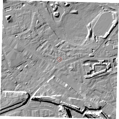 Shaded relief map of the ground around SE162DX, computed from Environment Agency LiDAR. The ground here sits at about 2 m above sea level and falls 13 m across the surrounding 800 m. Surface water reaching this point runs off ground lying to the west-north-west, 0.9 m higher.