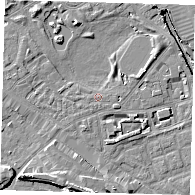 Shaded relief map of the ground around SE162DY, computed from Environment Agency LiDAR. The ground here sits at about 2 m above sea level and falls 14 m across the surrounding 800 m. Surface water reaching this point runs off ground lying to the north-east, 4.3 m higher.