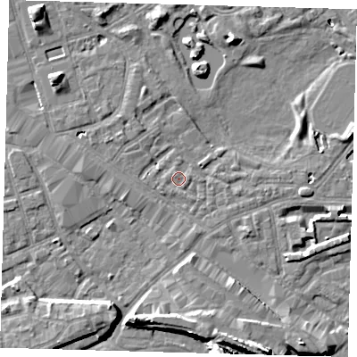 Shaded relief map of the ground around SE162DZ, computed from Environment Agency LiDAR. The ground here sits at about 2 m above sea level and falls 13 m across the surrounding 800 m. Surface water reaching this point runs off ground lying to the west-north-west, 0.6 m higher.