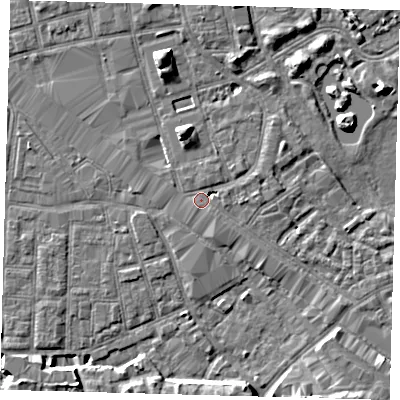 Shaded relief map of the ground around SE162HB, computed from Environment Agency LiDAR. The ground here sits at about 2 m above sea level and falls 8 m across the surrounding 800 m. Surface water reaching this point runs off ground lying to the east-north-east, 2.7 m higher.