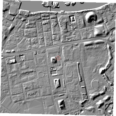 Shaded relief map of the ground around SE162HR, computed from Environment Agency LiDAR. The ground here sits at about 3 m above sea level and falls 9 m across the surrounding 800 m. Surface water reaching this point runs off ground lying to the west, 4.2 m higher.