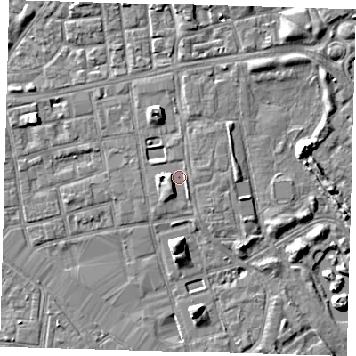 Shaded relief map of the ground around SE162HT, computed from Environment Agency LiDAR. The ground here sits at about 3 m above sea level and falls 6 m across the surrounding 800 m. Surface water reaching this point runs off ground lying to the west, 4.1 m higher.