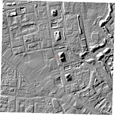 Shaded relief map of the ground around SE162HZ, computed from Environment Agency LiDAR. The ground here sits at about 2 m above sea level and falls 7 m across the surrounding 800 m. Surface water reaching this point runs off ground lying to the north, 5.5 m higher.