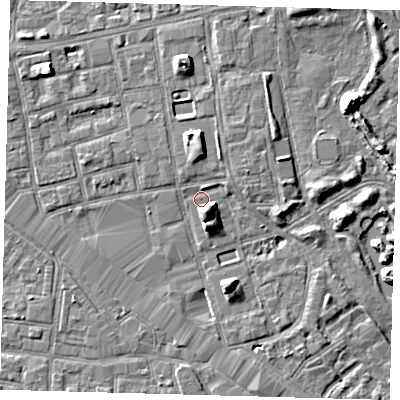 Shaded relief map of the ground around SE162JA, computed from Environment Agency LiDAR. The ground here sits at about 2 m above sea level and falls 7 m across the surrounding 800 m. Surface water reaching this point runs off ground lying to the east-north-east, 1.3 m higher.