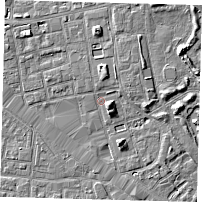 Shaded relief map of the ground around SE162JD, computed from Environment Agency LiDAR. The ground here sits at about 2 m above sea level and falls 7 m across the surrounding 800 m. Surface water reaching this point runs off ground lying to the north, 5.5 m higher.