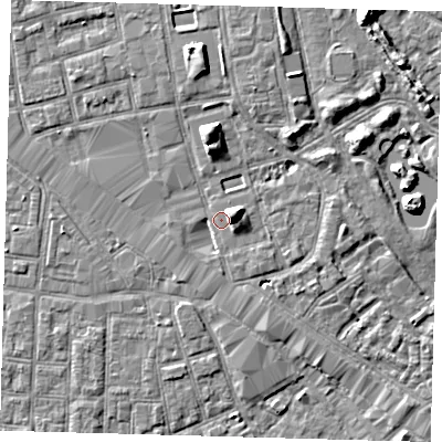 Shaded relief map of the ground around SE162JE, computed from Environment Agency LiDAR. The ground here sits at about 2 m above sea level and falls 7 m across the surrounding 800 m. Surface water reaching this point runs off ground lying to the east-north-east, 5.7 m higher.