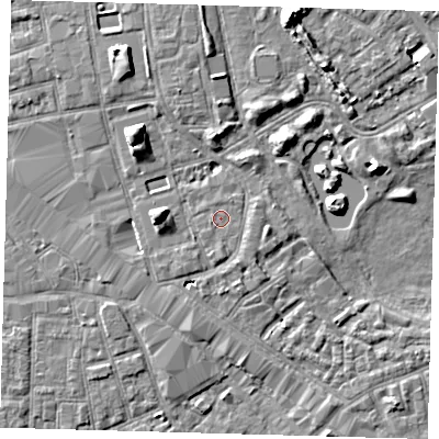 Shaded relief map of the ground around SE162JJ, computed from Environment Agency LiDAR. The ground here sits at about 2 m above sea level and falls 7 m across the surrounding 800 m. The ground contributing surface water to this point lies to the west-south-west.