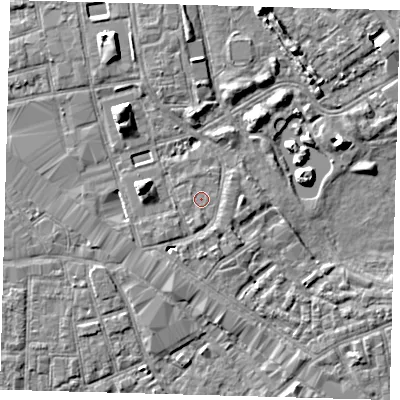 Shaded relief map of the ground around SE162JL, computed from Environment Agency LiDAR. The ground here sits at about 2 m above sea level and falls 7 m across the surrounding 800 m. The ground contributing surface water to this point lies to the north-west.