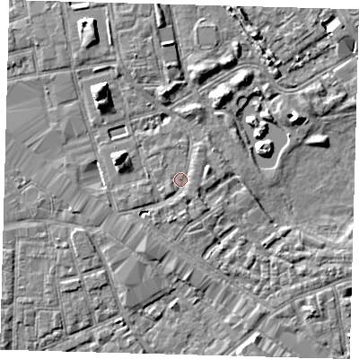 Shaded relief map of the ground around SE162JN, computed from Environment Agency LiDAR. The ground here sits at about 2 m above sea level and falls 7 m across the surrounding 800 m. Surface water reaching this point runs off ground lying to the east-north-east, 0.7 m higher.