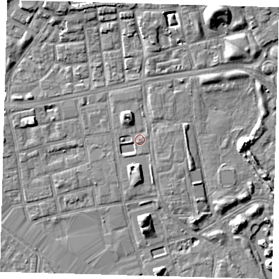 Shaded relief map of the ground around SE162JP, computed from Environment Agency LiDAR. The ground here sits at about 3 m above sea level and falls 7 m across the surrounding 800 m. Surface water reaching this point runs off ground lying to the north-north-west, 3.6 m higher.
