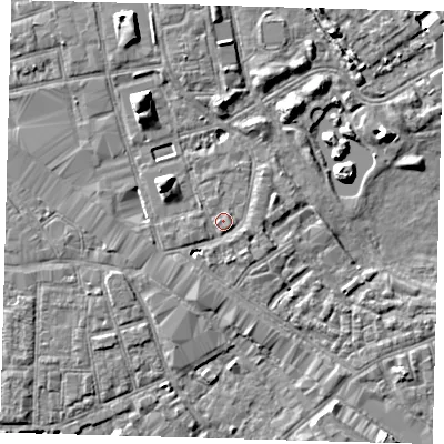 Shaded relief map of the ground around SE162JQ, computed from Environment Agency LiDAR. The ground here sits at about 2 m above sea level and falls 7 m across the surrounding 800 m. Surface water reaching this point runs off ground lying to the east-south-east, 2.7 m higher.