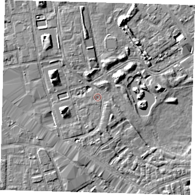 Shaded relief map of the ground around SE162JT, computed from Environment Agency LiDAR. The ground here sits at about 2 m above sea level and falls 7 m across the surrounding 800 m. Surface water reaching this point runs off ground lying to the north-north-east, 1.3 m higher.