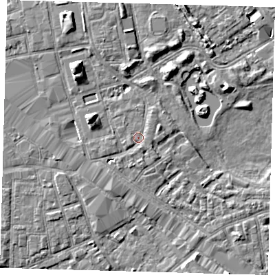 Shaded relief map of the ground around SE162JW, computed from Environment Agency LiDAR. The ground here sits at about 2 m above sea level and falls 7 m across the surrounding 800 m. Surface water reaching this point runs off ground lying to the east-north-east, 0.7 m higher.