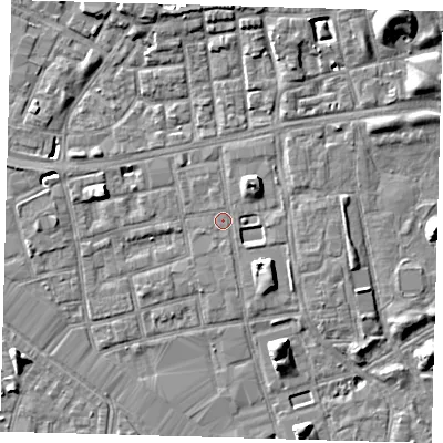 Shaded relief map of the ground around SE162JX, computed from Environment Agency LiDAR. The ground here sits at about 3 m above sea level and falls 9 m across the surrounding 800 m. The ground contributing surface water to this point lies to the north-east.