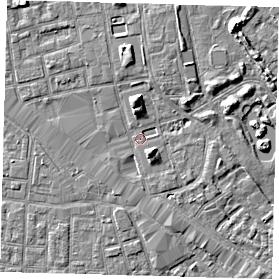 Shaded relief map of the ground around SE162JY, computed from Environment Agency LiDAR. The ground here sits at about 2 m above sea level and falls 7 m across the surrounding 800 m. Surface water reaching this point runs off ground lying to the north, 6.6 m higher.